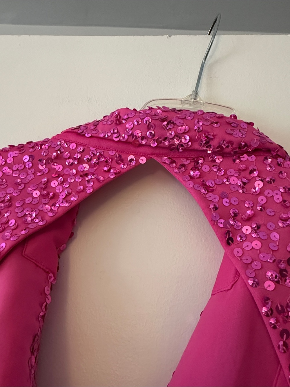 ASOS LUXE Pink Sequin Blazer Dress Backless Fringed Shag Sleeves Sz 12 NWT - Picture 7 of 10